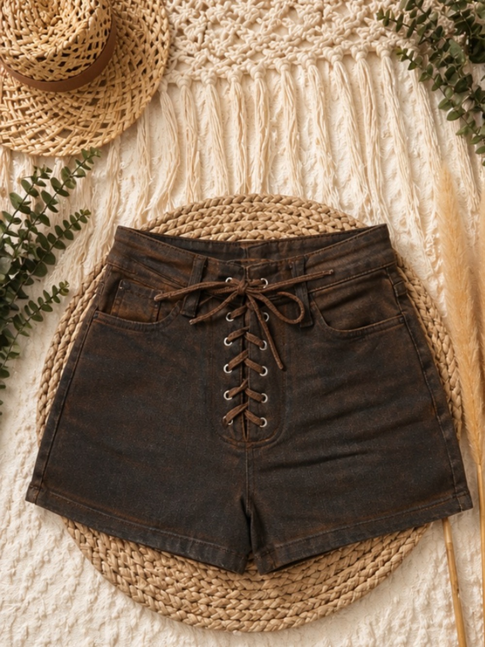 Fashion Nova Brown Lace-Up High Waist Denim Shorts